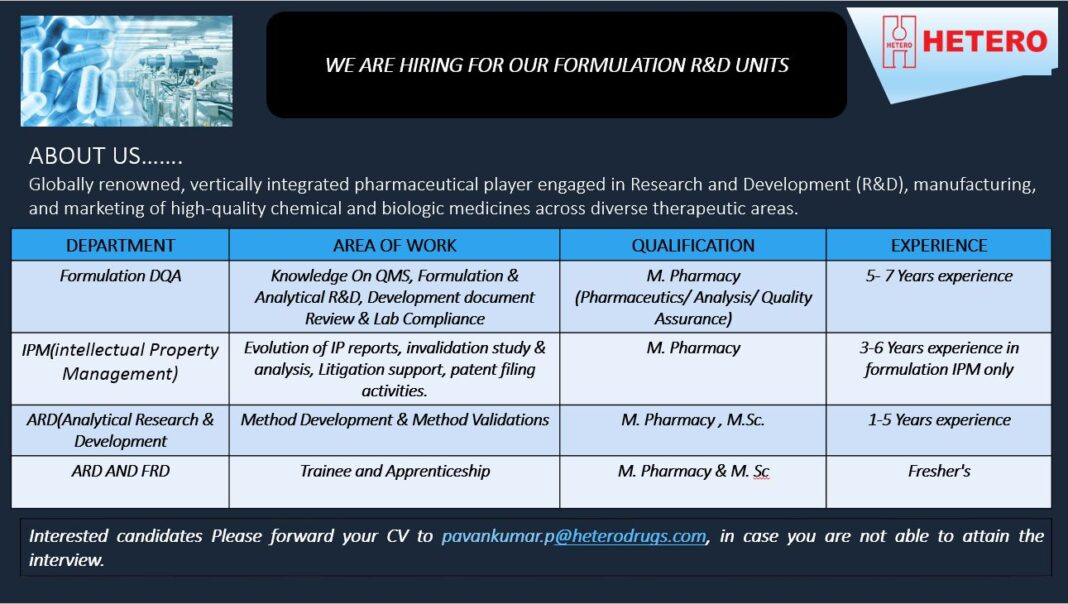 Job Availables, Hetero Job Opening For Freshers & Experienced Msc/ M.Pharma - AR&D/ FR&D/ IPM/ Formulation DQA