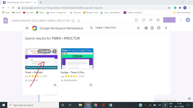Google Workspace Marketplace window showing results for Timer + Proctor with arrow pointing towards Timer + Proctor.