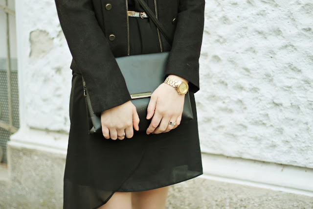 little black dress and military jacket