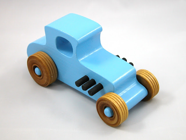 Wood Toy Car Hot Rod '27 T-Coupe, Handmade and Finished with Baby Blue and Black Acrylic Paint and Amber Shellac, Race Car, Street Rod