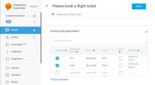 provide action and parameters to dialogflow chatbot