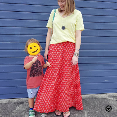 awayfromblue Instagram | mum style yellow tee with red boho print maxi skirt outfit photo with toddler