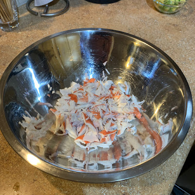 large bowl with imitation crab meat