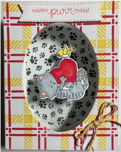 Happy purrth-day by Christy features Oval Frames, Banner Trio, Newton's Valentine, Plaid, and Love & Meows by Newton's Nook Designs; #inkypaws, #newtonsnook, #catcards, #birthdaycards, #cardmaking