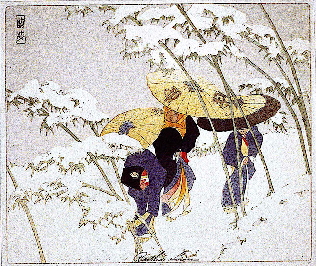 Bertha Boynton Lum, three Japanes women walking in a snow storm