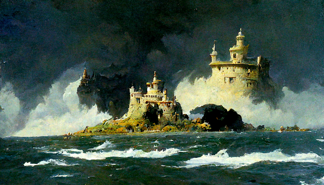 A huge castle on a small island in a stormy sea