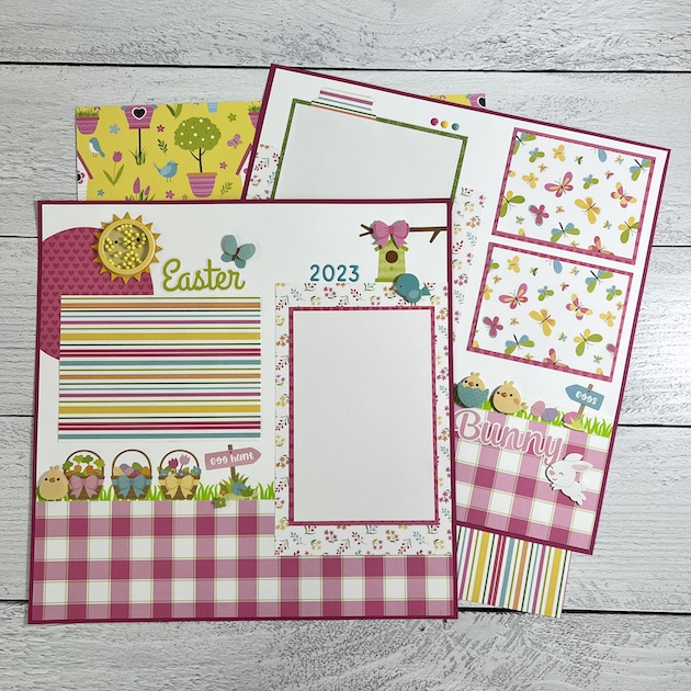 12x12 Easter Scrapbook Page Layouts with chicks, baskets, eggs, and a bunny rabbit