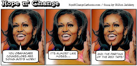 obama, obama jokes, cartoon, humor, political, conservative, tea party, hope n' change, hope and change, stilton jarlsberg, michelle, god's work, obamacare, aca, knuckleheads, health, insurance