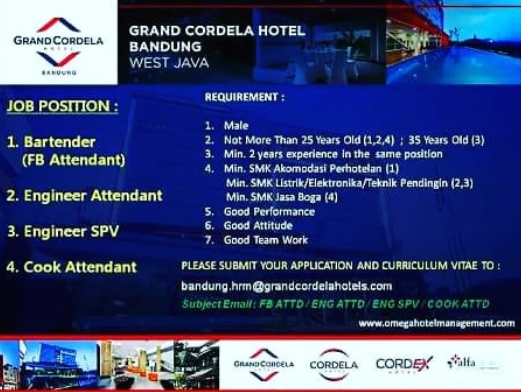 Lowongan Kerja Hotel Grand Cordela Bandung 2020 Kirim Via Email Lowongankerjacareer Com