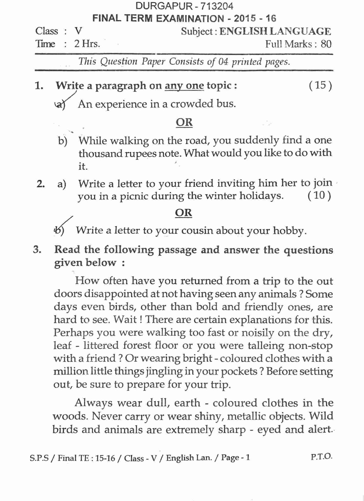 Question Paper English Language Class 5 of a School Final year
