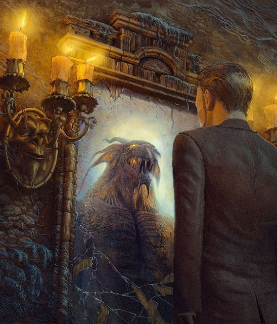 A painting or drawing of a man in a suit with his back to the viewer, looking in a mirror and the image in a mirror is off a long toothed alien beast. There is an orange candelabra on the wall by the the mirror holding 3 lit cancels. By Andrew Ferez