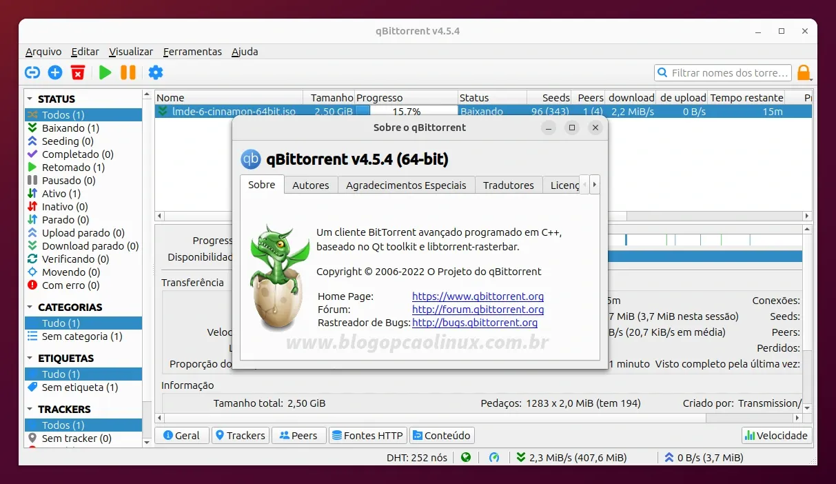 qBittorrent executando no Ubuntu 23.10 (Mantic Minotaur)