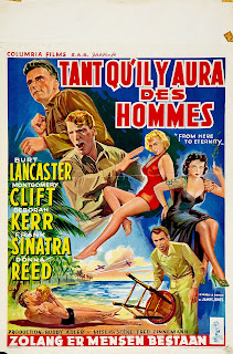 TANT QU'IL Y AURA DES HOMMES / ZOLANG ER MENSEN BESTAAN. Window Card: 36 x 56 cms. Bélgica. Imprenta: Maurice Panneels, Bruselas. DE AQUÍ A LA ETERNIDAD. From Here to Eternity. 1953. Estados Unidos. Dirección: Fred Zinnemann. Reparto: Burt Lancaster, Montgomery Clift, Deborah Kerr, Frank Sinatra, Donna Reed, Ernest Borgnine, Jack Warden, Philip Ober, Mickey Shaughnessy, Harry Bellaver, John Dennis, Merle Travis.