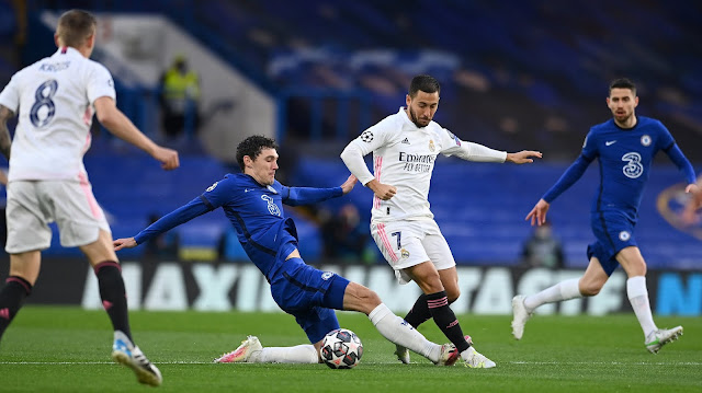 Real Madrid forward Eden Hazard in action against Chelsea in the Champions League