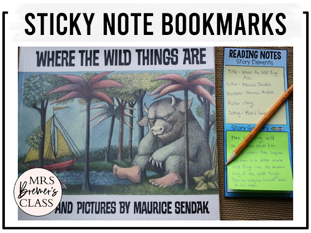 Sticky note reading bookmarks for comprehension notes during reading for Kindergarten, First Grade, and Second Grade