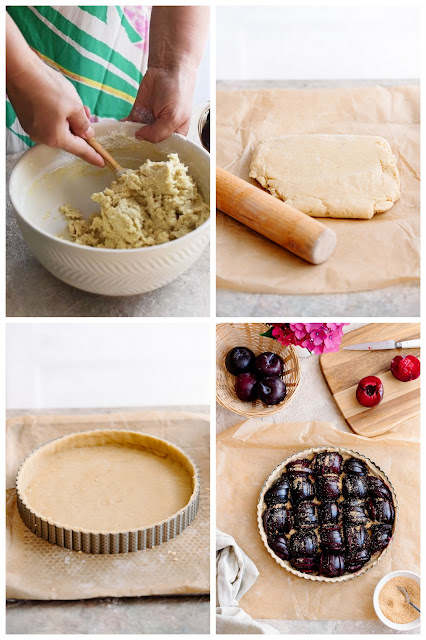 Tarte aux prunes, pâte sucrée à la cannelle