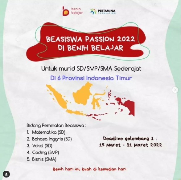 Pendaftaran  Beasiswa Passion Benih Belajar SD/SMP/SMA 2022 Gelombang 1