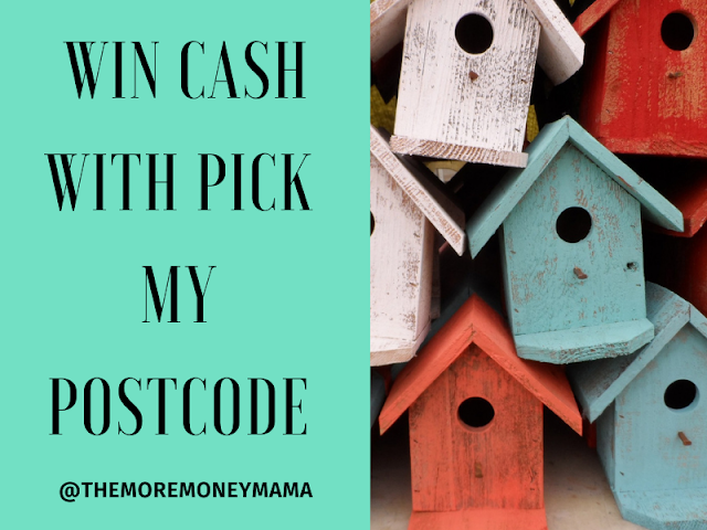 Image of several small wooden bird houses alongside a green square that has words that read 'win cash with pick my postcode' @themoremoneymama