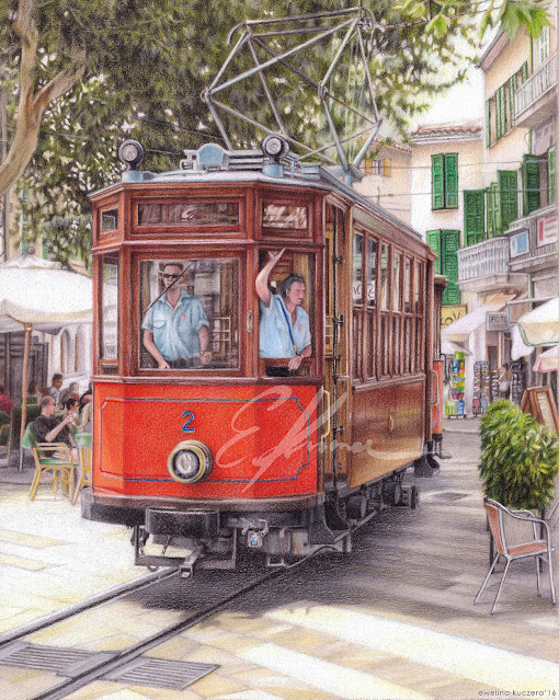 Colored pencil drawing of a streetcar in a town Soller in Mallorca, Spain