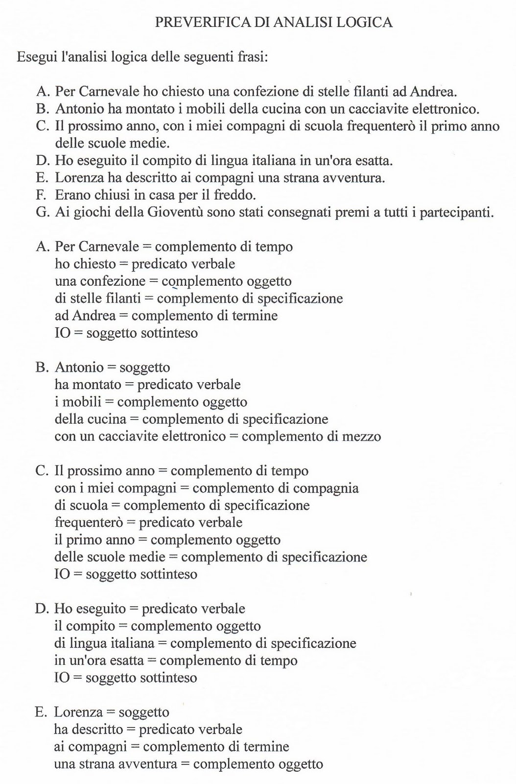 Esercizi di Grammatica Frasi Svolte Scuolissima  - frasi della verifica di grammatica su