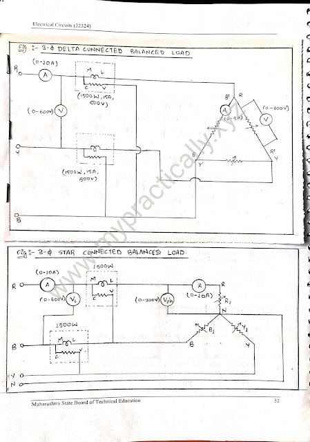 Use voltmeter, ammeter, wattmeter, p.f meter to determine line and phase quantities of voltage and current for balanced three phase star & delta connected load and calculate active, reactive and apparent power. Draw phasor diagram.