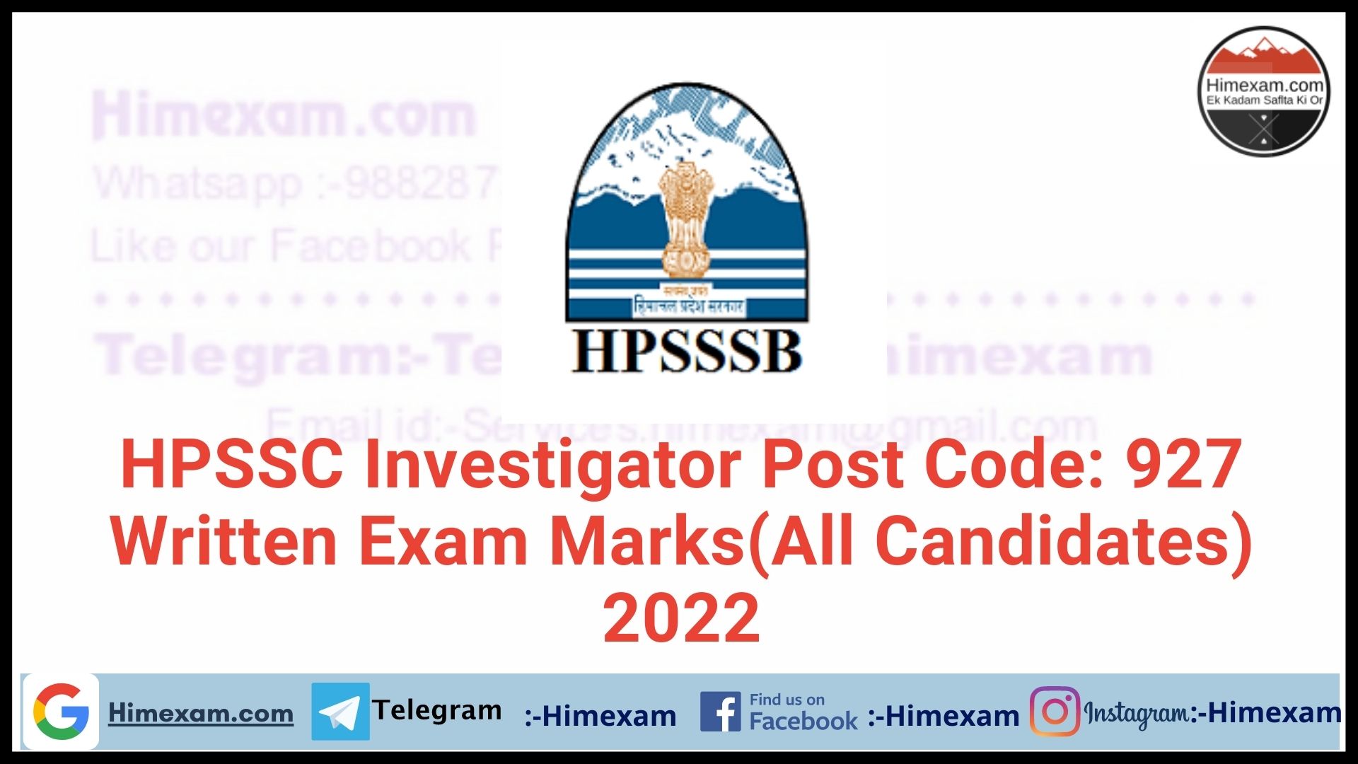 HPSSC Investigator Post Code: 927 Written Exam Marks(All Candidates) 2022