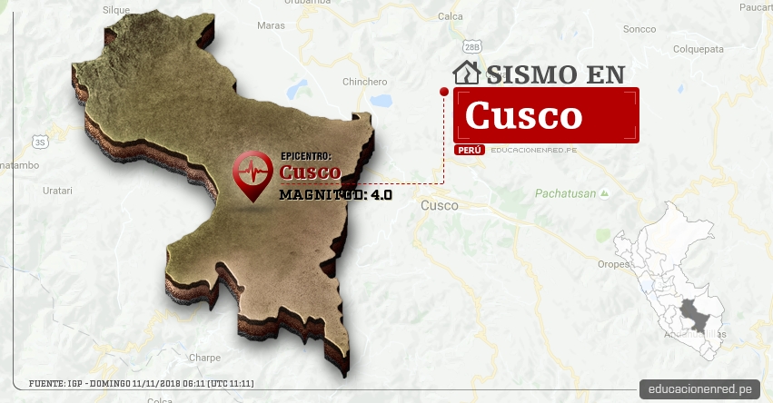 Temblor en Cusco de magnitud 4.0 (Hoy Domingo 11 Noviembre 2018) Sismo EPICENTRO Cusco - IGP - www.igp.gob.pe