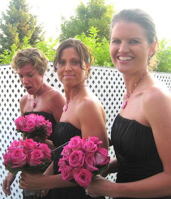 Bridal party hot pink rose bouquets with crystals Ceremony