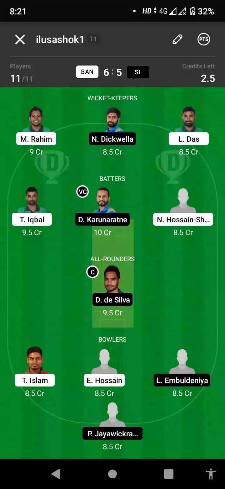 Dream11 Team 1 for BANvsSL : विकेटकीपर: लिटन दास, मुशफिकुर रहीम और निरोशन डिकवेला बल्लेबाज: दिमुथ करुणारत्ने, नजमुल हुसैन शांतो और तमीम इकबाल ऑलराउंडर: धनंजय डी सिल्वा गेंदबाज: एबादोट हुसैन, लसिथ एम्बुलडेनिया, प्रवीण जयविक्रमा और तैजुल इस्लाम कप्तान: धनंजय डी सिल्वा उपकप्तान: दिमुथ करुणारत्ने