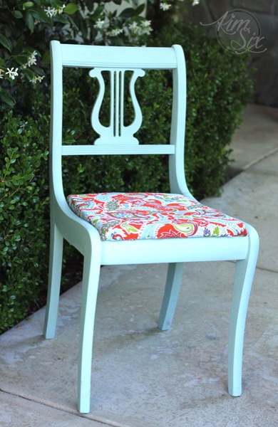 Blue chalk painted chair with orange paisley