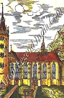 Cranach's engraving of 1509 shows Wittenberg Cathedral Church as it looked when Luther nailed his famous 95 Theses to the door. Thel5th-century building was largely destroyed by fire in 1760, and was subsequently rebuilt. The wooden doors no longer exist, but the bronze ones cast to replace them in the 19th minty bear the text of the Theses. The interior contains the tombs of Luther and Melanchthon.