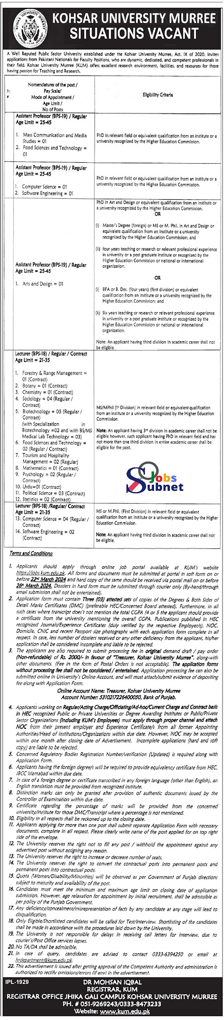 Kohsar University Murree Teaching and Non Teaching Jobs 2024