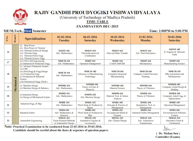 RGPV M.Tech/ME 1st Semester Examination Time Table 2016