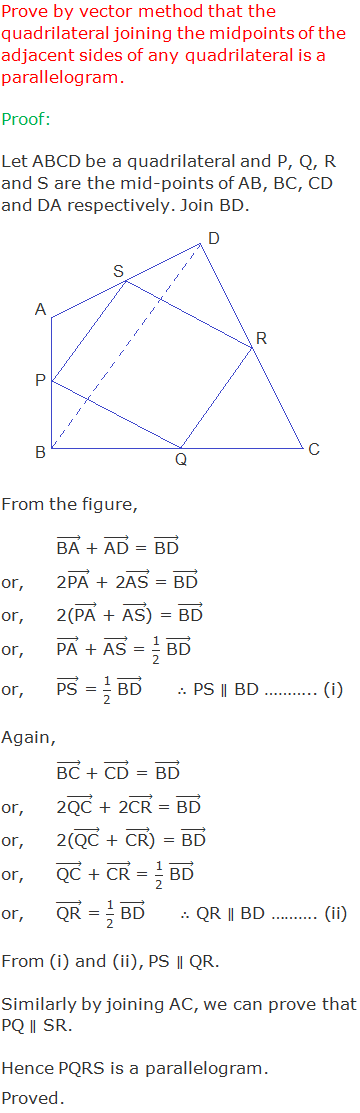 Prove by vector method that the quadrilateral joining the midpoints of the adjacent sides of any quadrilateral is a parallelogram. Proof: Let ABCD be a quadrilateral and P, Q, R and S are the mid-points of AB, BC, CD and DA respectively. Join BD. From the figure, 	("BA" ) ⃗ + ("AD" ) ⃗ = ("BD" ) ⃗ or,	2("PA" ) ⃗ + 2("AS" ) ⃗ = ("BD" ) ⃗ or,	2(("PA" ) ⃗ + ("AS" ) ⃗) = ("BD" ) ⃗ or,	("PA" ) ⃗ + ("AS" ) ⃗ = "1" /"2"  ("BD" ) ⃗ or,	("PS" ) ⃗ = "1" /"2"  ("BD" ) ⃗      ∴ PS ∥ BD ……….. (i) Again, 	("BC" ) ⃗ + ("CD" ) ⃗ = ("BD" ) ⃗ or,	2("QC" ) ⃗ + 2("CR" ) ⃗ = ("BD" ) ⃗ or,	2(("QC" ) ⃗ + ("CR" ) ⃗) = ("BD" ) ⃗ or,	("QC" ) ⃗ + ("CR" ) ⃗ = "1" /"2"  ("BD" ) ⃗ or,	("QR" ) ⃗ = "1" /"2"  ("BD" ) ⃗      ∴ QR ∥ BD ………. (ii) From (i) and (ii), PS ∥ QR.  Similarly by joining AC, we can prove that PQ ∥ SR. Hence PQRS is a parallelogram. Proved.