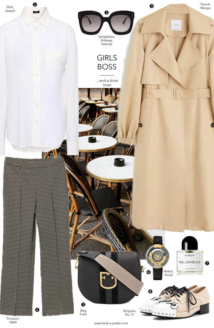 Styling fashion classics - white shirt, trousers, camel linen trench coat, brogues and cross body bag with Mango, H&M, Bottega Veneta, Byredo, Fendi and No. 21 for www.look-a-porter.com fashion blog, daily outfit ideas, designer finds, wardrobe essentials and statements