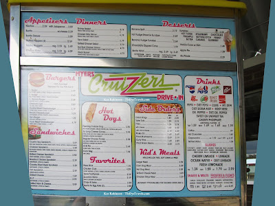 Menu for Myer's Cruizzers in Mena, Arkansas, May 2011