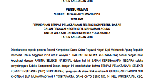 Lowongan Kerja Pemindahan Tempat Pelaksanaan Ujian SKD Mahkamah Agung Untuk Wilayah Yogyakarta  April 2024