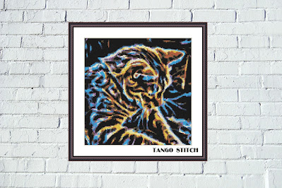 Neon cat abstract cute animals cross stitch hand embroidery pattern - Tango Stitch