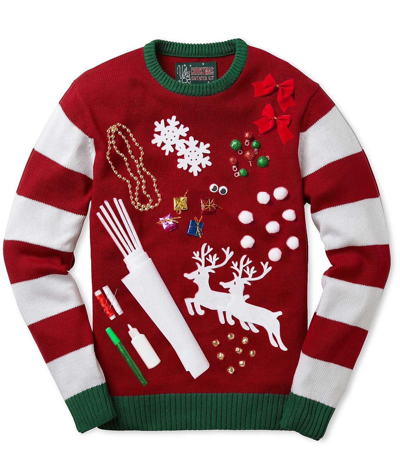Who needs a Bedazzler when you can just glue on random office supplies from Staples on the sweater This sweater could actually e in handy if you need a
