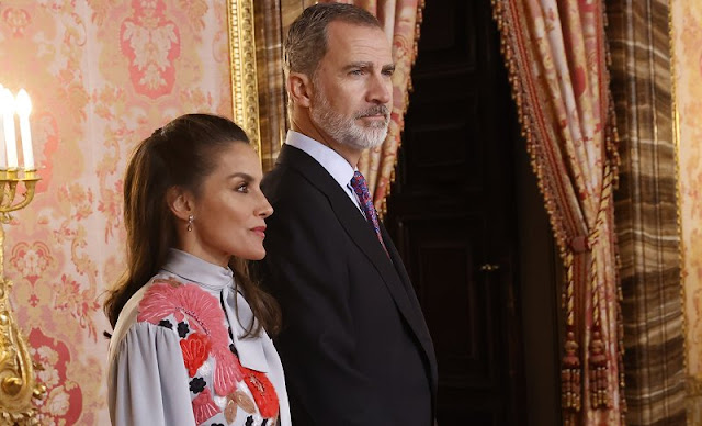 Queen Letizia wore a floral embroidered dress from Pertegaz Fall Winter 2019-20 pret-a-porter collection