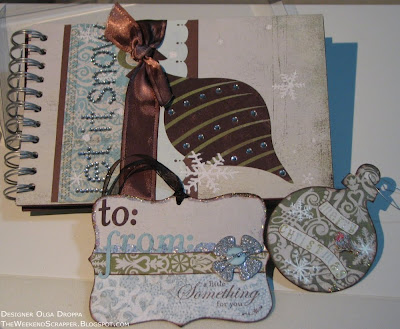 Decorated chipboard album, tag and ornament using Basic Grey  paper, ribbon and rub-ons