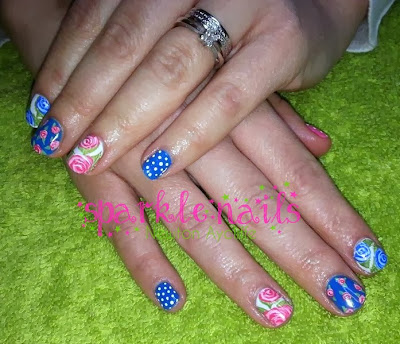 Cath Kidston Nails with Pink Roses, Blue Roses & Polka Dots!