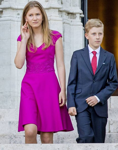 Queen Mathilde, Crown Princess Elisabeth, Princess Eleonore, Prince Gabriel and Prince Emmanuel at Belgian National Day. Natan Dress