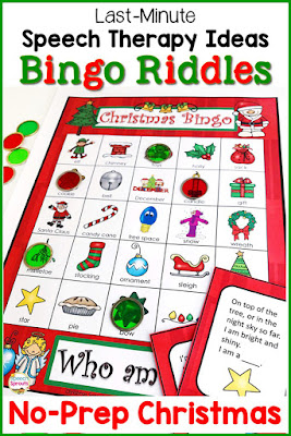 Solve the rhyming riddles to play this Christmas speech therapy bingo game! Fun inference, vocabulary and listening practice. Just one of the easy no-prep ideas for no-stress last-minute Christmas speech therapy sessions! #speechsprouts #speechtherapy #Christmas #speechandlanguage