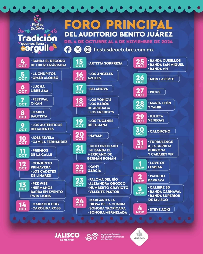 Artistas en cartelera de Foro Principal Fiestas de Octubre 2024