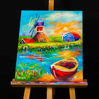 "Netherlands Impression – Red Boat and Windmill" by Mathias – expressive painting of a red rowboat on a canal at sunset, with a traditional Dutch windmill, tulip fields, and glowing sky in bold, vibrant colors.