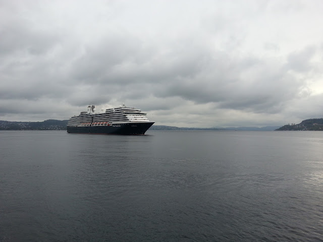 Holland America Line cruise ship Zuiderdam in Bergen, Norway; under the Askøy bridge