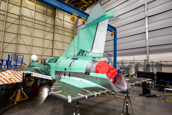 The tail assembly is installed on NASA's X-59 QueSST aircraft at Lockheed Martin's Skunk Works facility in Palmdale, California.