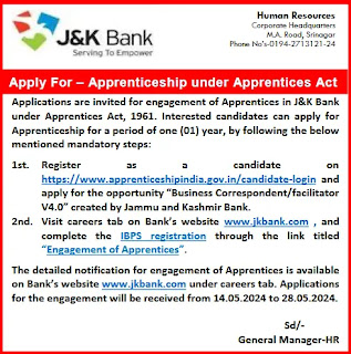 J&K Bank Apprentice Notification May 2024