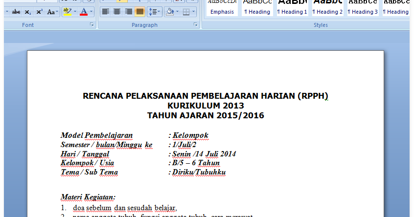 RENCANA PELAKSANAAN PEMBELAJARAN HARIAN (RPPH) KURIKULUM 